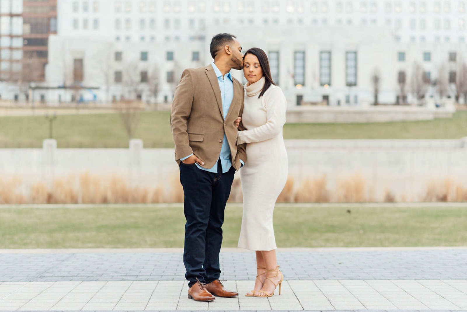 Engagement outfit inspiration - bride in a cream dress, groom in khaki jacket